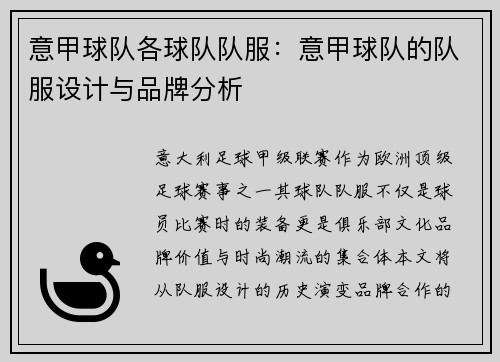 意甲球队各球队队服：意甲球队的队服设计与品牌分析